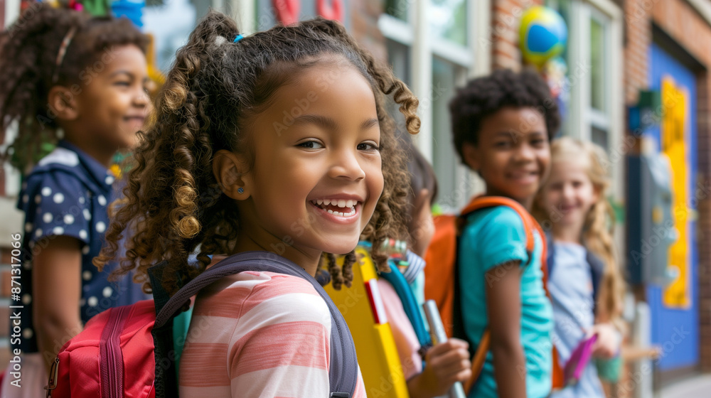kids with backpack laughing while walking in school corridor, back to school theme photo, african american girl kids with backpack laughing while walking in school corridor, back to school theme photo, african american girl