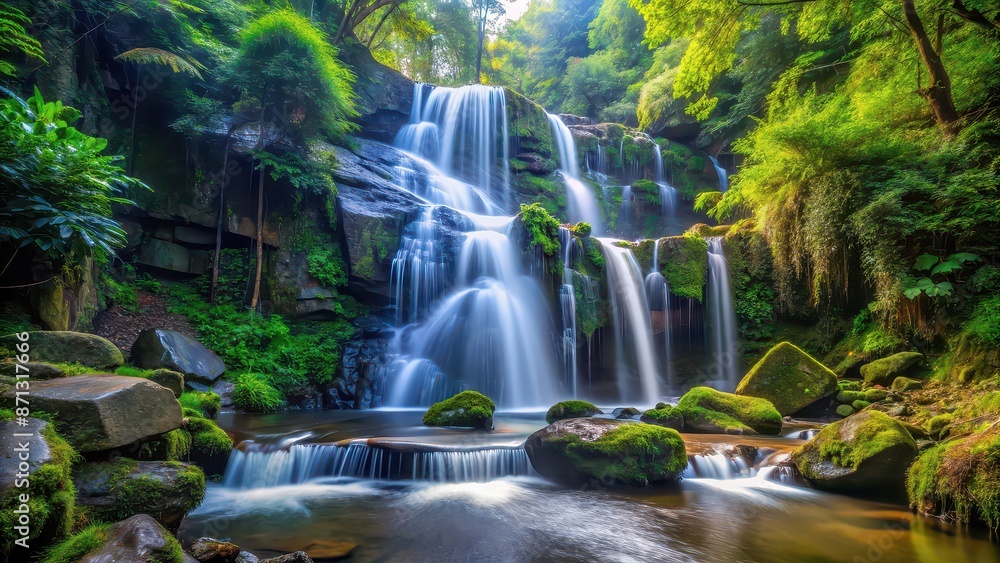 Beautiful waterfall cascading down rocks in a lush forest setting, waterfall, forest, nature, rocks, cascading, serene, tranquil Beautiful waterfall cascading down rocks in a lush forest setting, waterfall, forest, nature, rocks, cascading, serene, tranquil