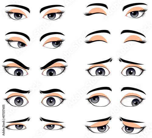 Set of female eyes with different types of makeup. Vector illustration.