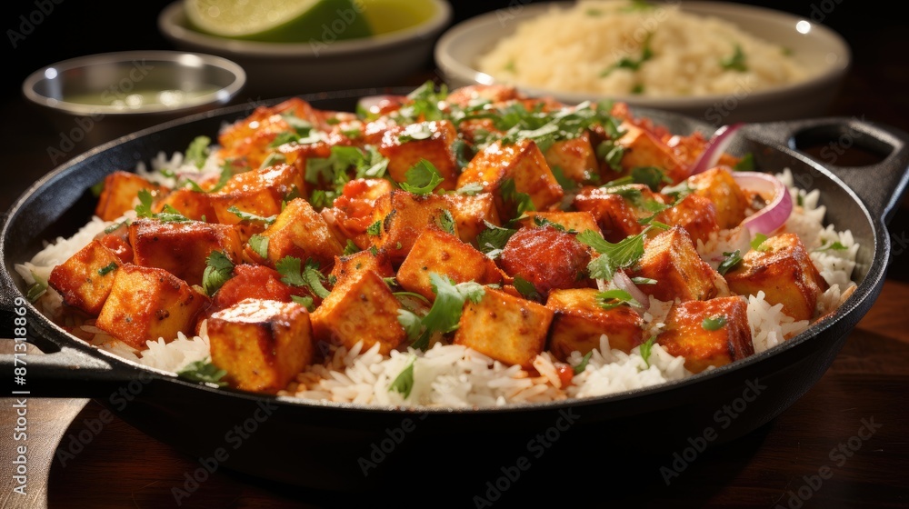a pan of food with rice and parsley on top. a pan of food with rice and parsley on top.