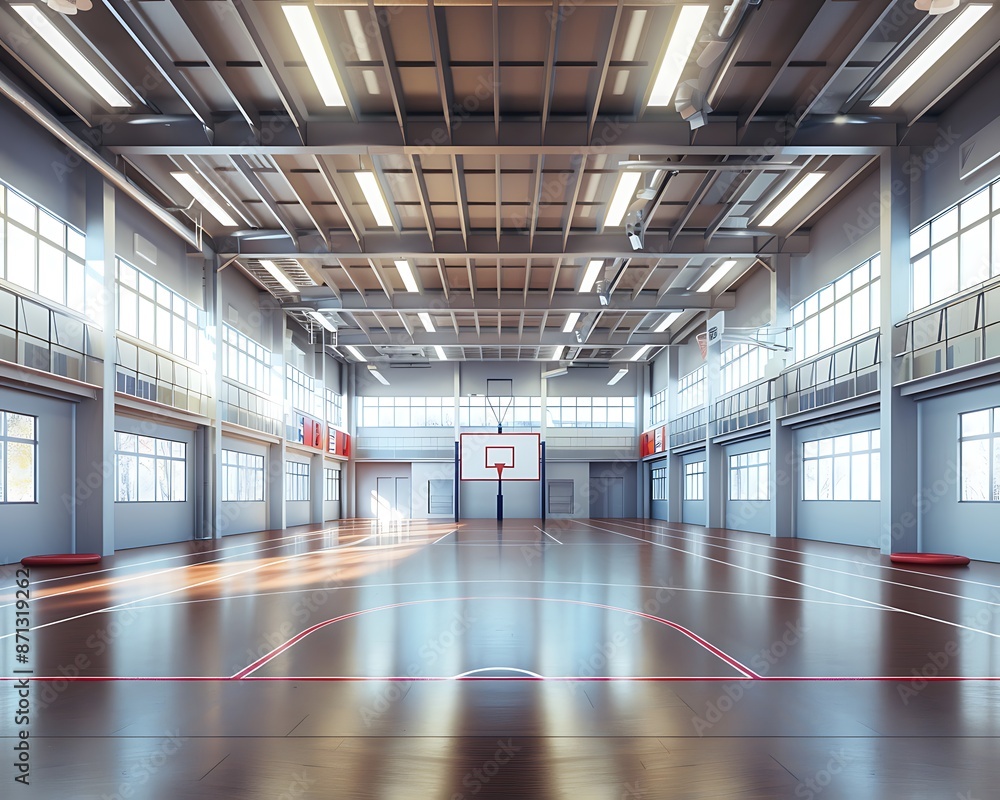 Modern Empty Basketball Court with Sunlight Streaming Through Windows Modern Empty Basketball Court with Sunlight Streaming Through Windows