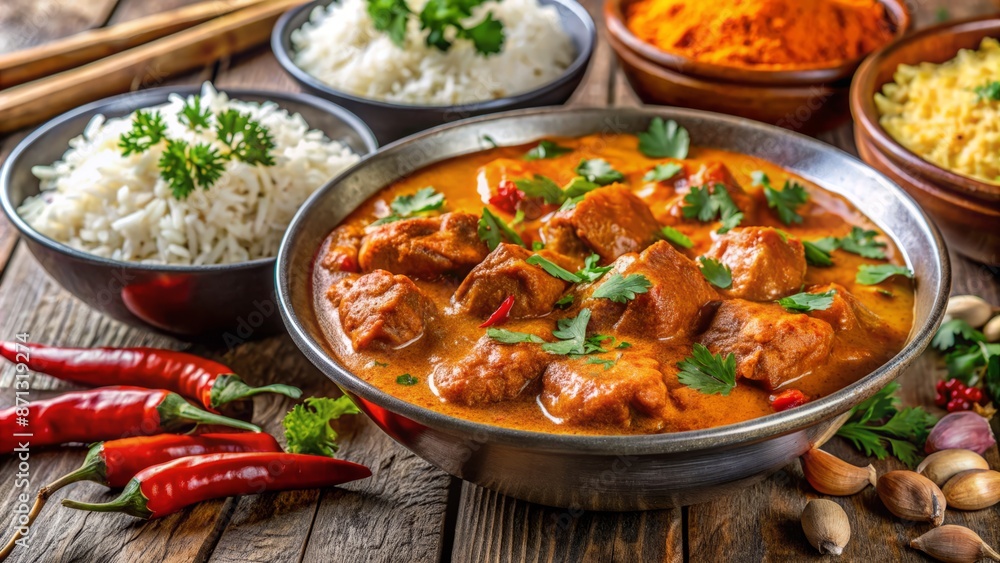 Romatic Indian Chicken Curry With Rice And Spices On A Wooden Table Romatic Indian Chicken Curry With Rice And Spices On A Wooden Table