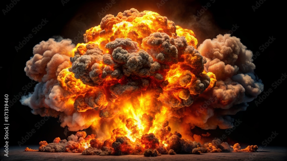 Dramatic high-contrast image of massive inferno explosion with towering flames and smoke isolated on transparent background. Dramatic high-contrast image of massive inferno explosion with towering flames and smoke isolated on transparent background.