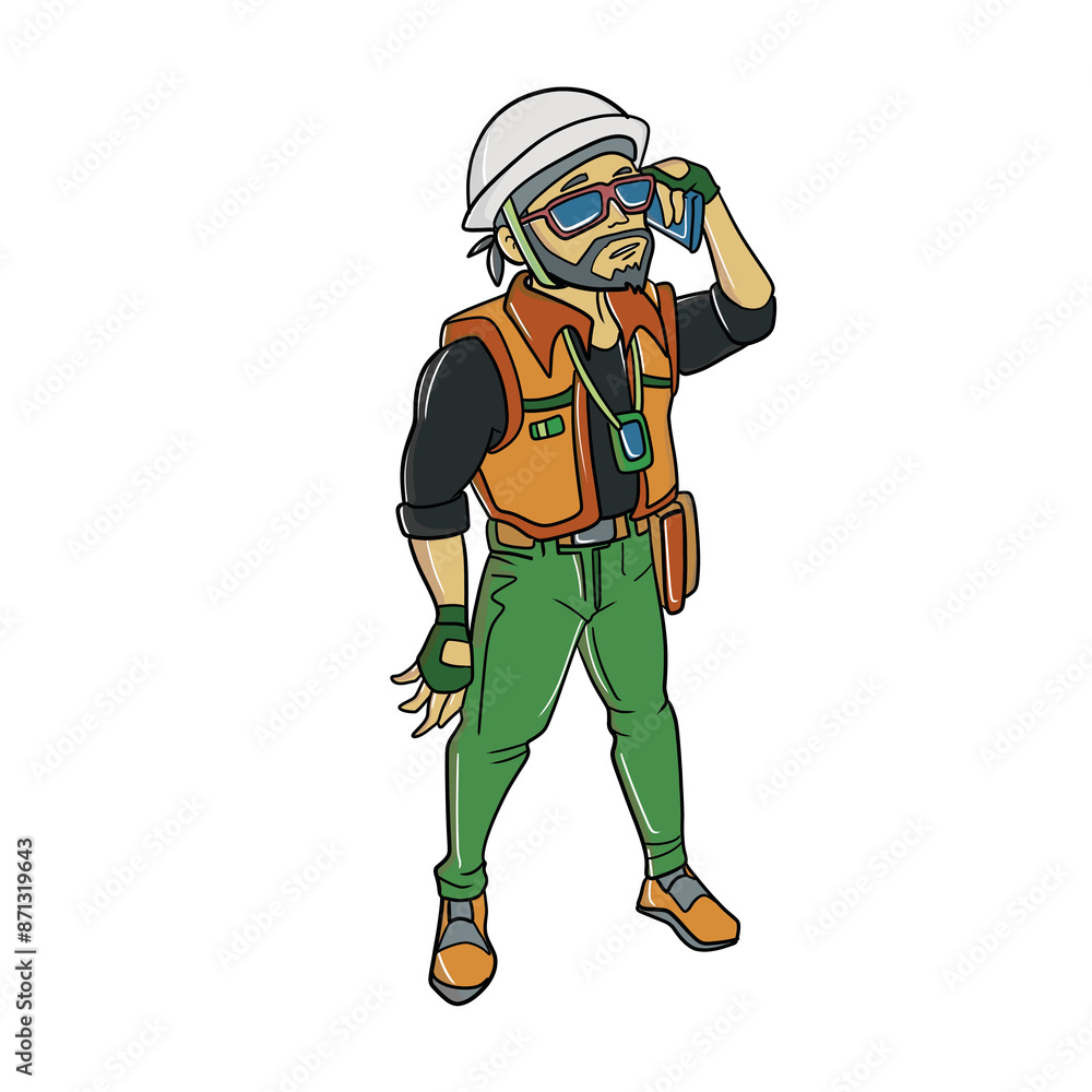 An adult man on call, wearing safety garment. Cute cartoon character. Hand drawn illustration. Real estate, property, housing, construction, site progress concept An adult man on call, wearing safety garment. Cute cartoon character. Hand drawn illustration. Real estate, property, housing, construction, site progress concept