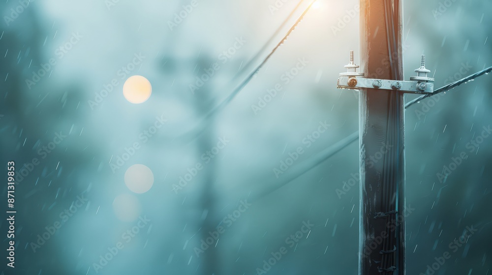 A close-up of a utility pole with wires and blurry background of a forest in the rain.  The image evokes a sense of mystery and isolation.