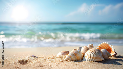 On the sandy beach by the sea there are seashells scattered about It s the perfect spot for a relaxing seaside vacation with plenty of copy space image photo