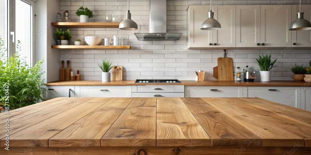 Empty wood table in modern kitchen, blur, bokeh, interior, background, counter, surface, clean, minimalist, design, home, decoration Empty wood table in modern kitchen, blur, bokeh, interior, background, counter, surface, clean, minimalist, design, home, decoration
