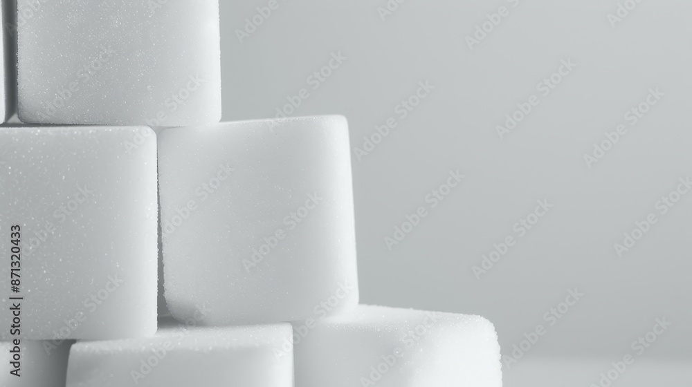 Stacked white sugar cubes, close-up view, blurred background, detailed and textured, clean and minimalist design, sharp details Stacked white sugar cubes, close-up view, blurred background, detailed and textured, clean and minimalist design, sharp details
