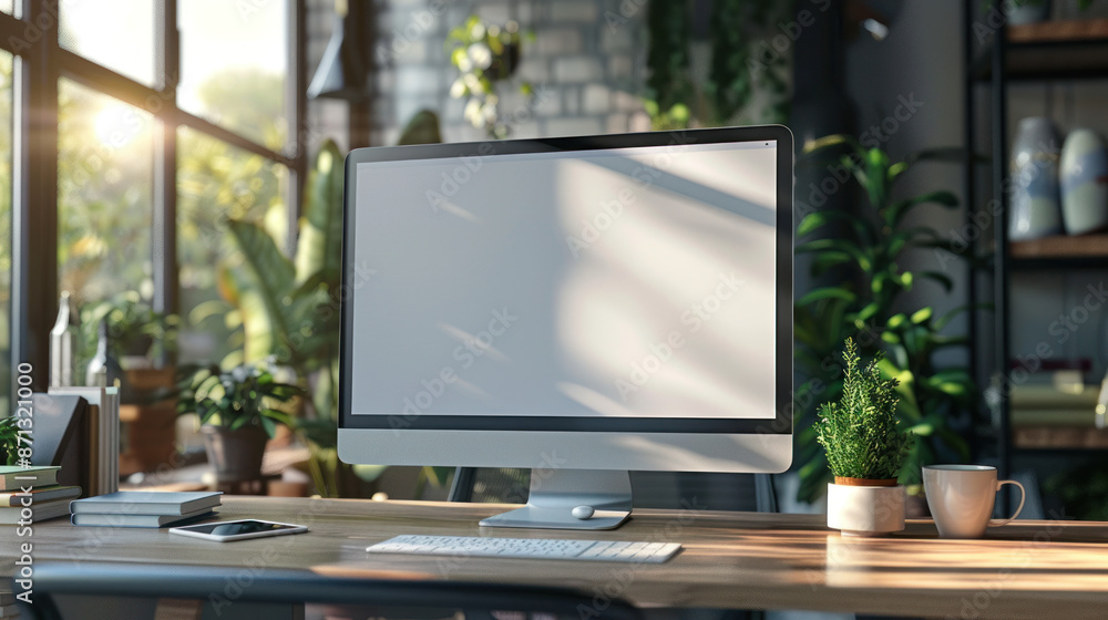 Modern home office desk setup with blank computer screen mockup, keyboard, mouse, coffee cup, books, and plants. Concept of remote work, freelance, blogging, studying, and online business. Modern home office desk setup with blank computer screen mockup, keyboard, mouse, coffee cup, books, and plants. Concept of remote work, freelance, blogging, studying, and online business.