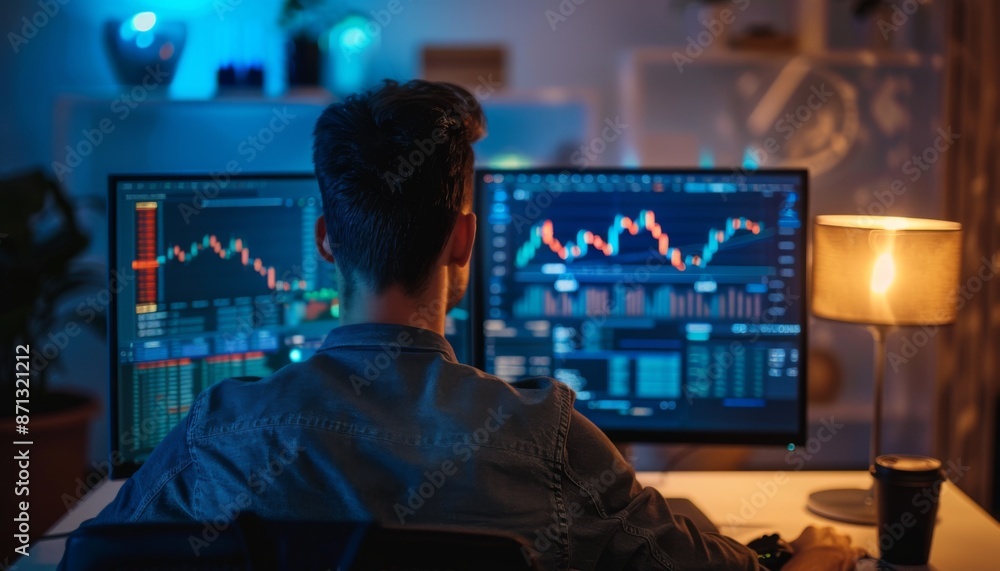 man sitting in front of computer with trading graphs crypto blue light man sitting in front of computer with trading graphs crypto blue light