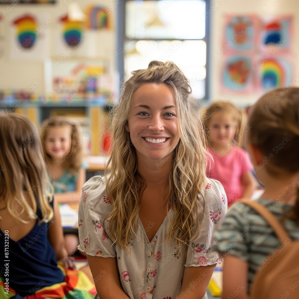 The children are sitting around her, and some of them are looking at her The children are sitting around her, and some of them are looking at her