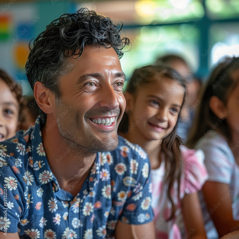 A man with a smile on his face is sitting next to a group of children A man with a smile on his face is sitting next to a group of children