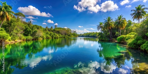Tranquil lagoon surrounded by lush greenery and clear blue skies, Alchichica, lagoon, Mexico, landscape, nature, water