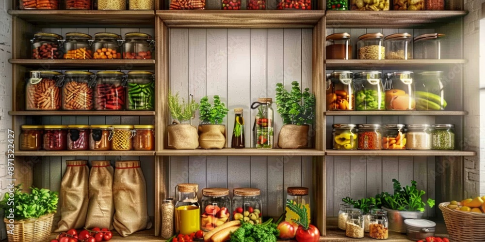 Organized Pantry with Glass Jars and Fresh Produce Organized Pantry with Glass Jars and Fresh Produce