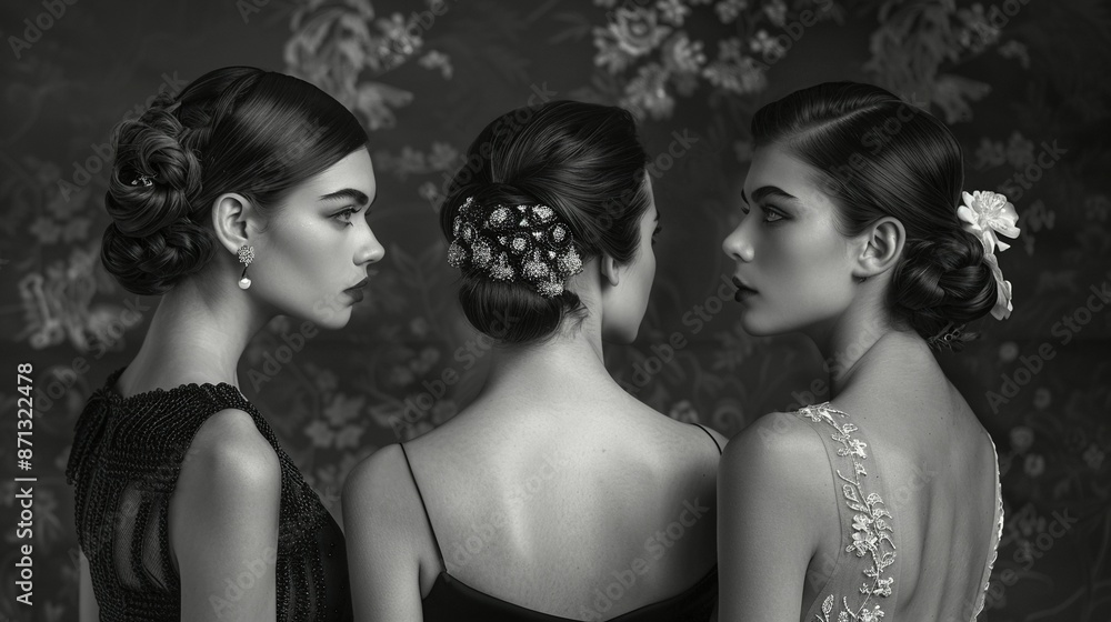 Three elegant women with their backs to the camera. Three elegant women with their backs to the camera.