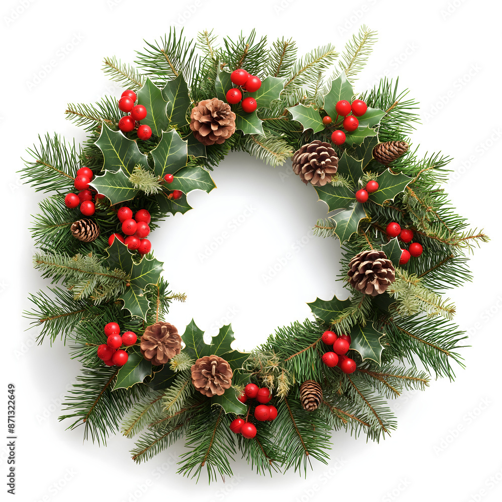 Festive Christmas Wreath with Pine Cones and Red Berries Isolated on White Festive Christmas Wreath with Pine Cones and Red Berries Isolated on White