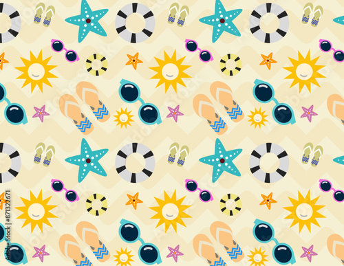 seamless pattern vector featuring a summer-themed design with elements such as starfish, sandals, sunglasses,and floaties. This playful and colorful