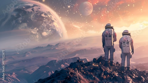 Space exploration mission with astronauts on a distant planet., clean background, Photo stock style, clean background, no copyrighted logo, no letters