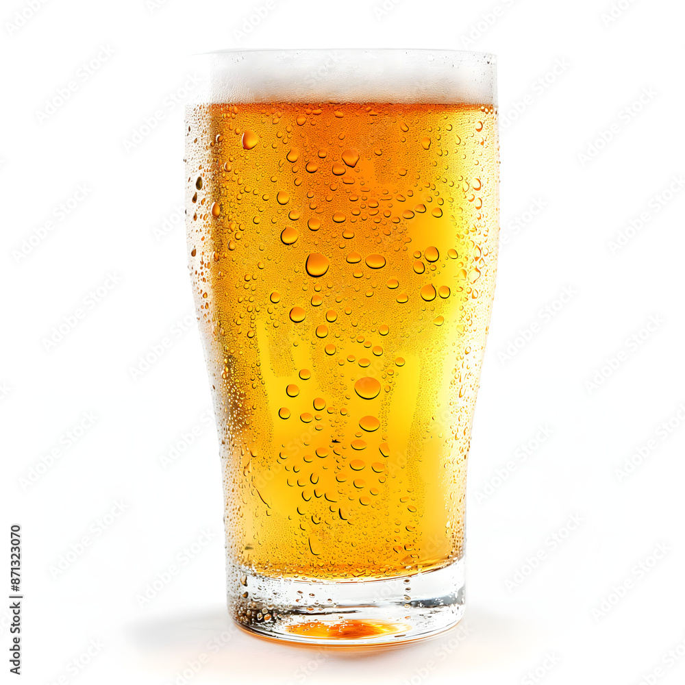 Refreshing Glass of Beer with Condensation on White Background Refreshing Glass of Beer with Condensation on White Background