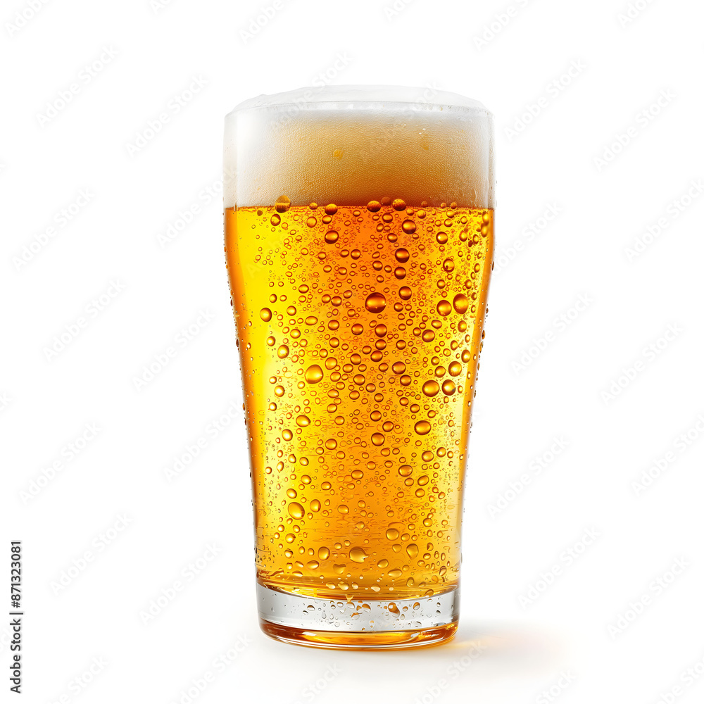 Refreshing Glass of Beer with Condensation on White Background Refreshing Glass of Beer with Condensation on White Background
