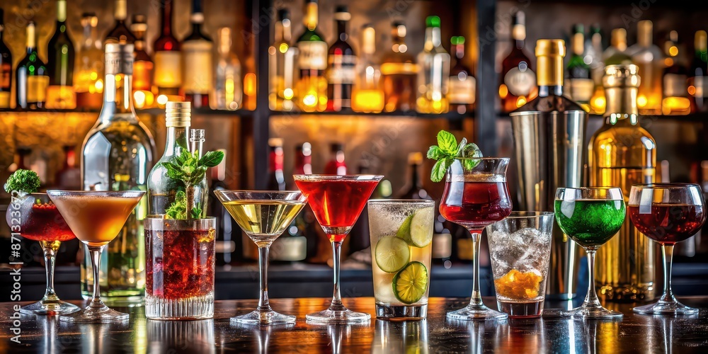 A sophisticated bar setting with a variety of cocktails, bubbles, and liqueur bottles , bar, cocktails A sophisticated bar setting with a variety of cocktails, bubbles, and liqueur bottles , bar, cocktails