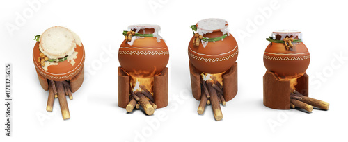 South Indian festival Pongal pot in 3 different angle, front top, side, 3d render, realistic in transparent background