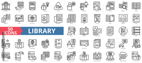 Library icon collection set. Containing book, shelf, reading, quiet, librarian, borrow, return, study, research icon. Simple line vector.