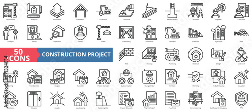 Construction project icon collection set. Containing design, blueprint, foundation, framework, excavation, concrete, architect, steel icon. Simple line vector.
