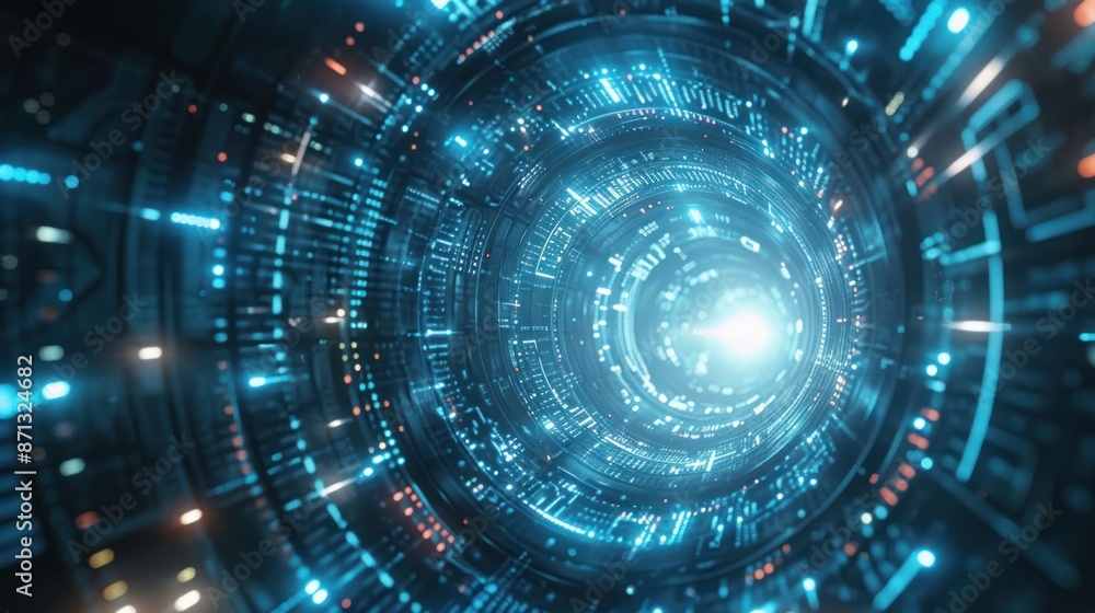 Futuristic Technology. Blue Glowing Energy Tunnel or Wormhole with Digital Data Flow Futuristic Technology. Blue Glowing Energy Tunnel or Wormhole with Digital Data Flow