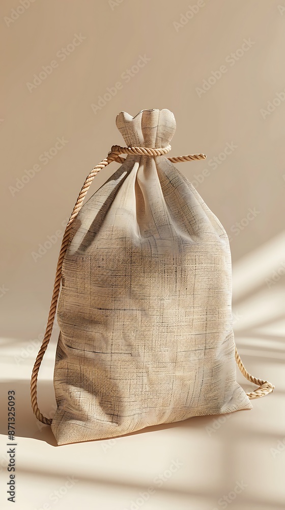 Beige Sack with Rope Closure on a Neutral Background Beige Sack with Rope Closure on a Neutral Background