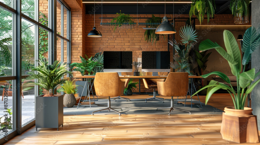 Fototapeta premium Modern office space interior design with wooden floor and large windows, lush green plants and natural sunlight. Concept of biophilic design, workplace wellness, and productivity.