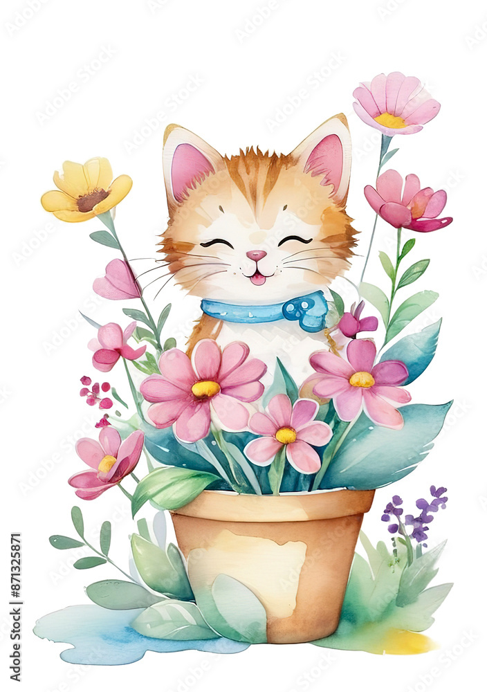 Cartoon cute little happy cat with flower pot. watercolor Vector illustration. Isolated transparent background Cartoon cute little happy cat with flower pot. watercolor Vector illustration. Isolated transparent background