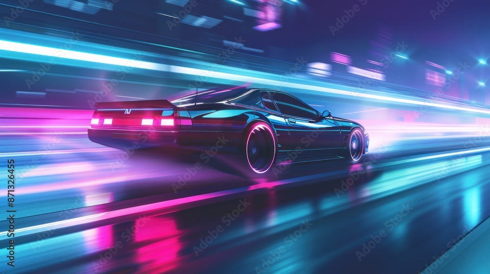 Retro Futuristic Car Racing Through Neon City Retro Futuristic Car Racing Through Neon City
