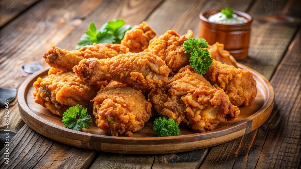 A mouthwatering plate of crispy fried chicken pieces, golden brown and juicy, served on a clean wooden table setting. A mouthwatering plate of crispy fried chicken pieces, golden brown and juicy, served on a clean wooden table setting.