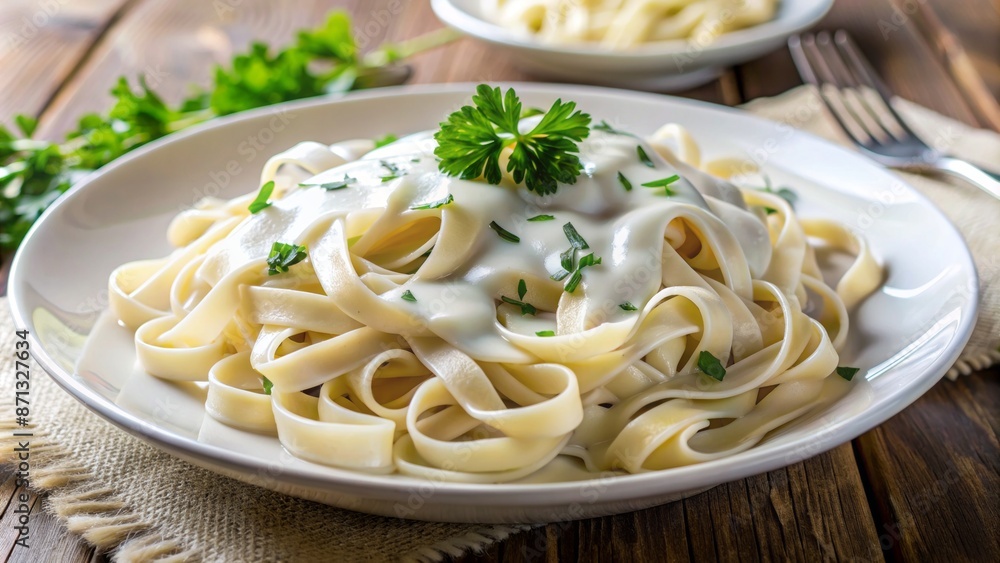 Deliciously plated long flat noodles swirled in rich velvety white sauce garnished with fresh parsley on white ceramic plate. Deliciously plated long flat noodles swirled in rich velvety white sauce garnished with fresh parsley on white ceramic plate.
