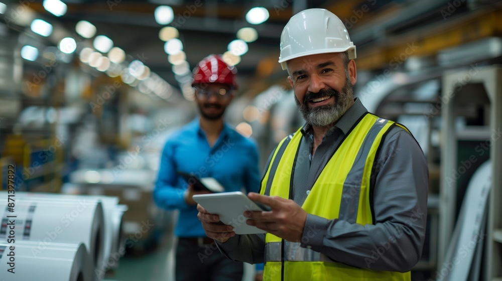 Photo of a smiling middle-aged Hispanic man wearing a white helmet and yellow vest holding a tablet while talking on the phone in a print factory Photo of a smiling middle-aged Hispanic man wearing a white helmet and yellow vest holding a tablet while talking on the phone in a print factory