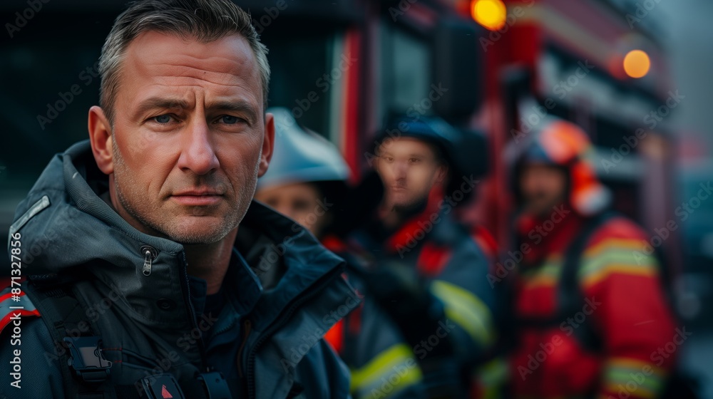 Firefighter standing in front of fire truck with team behind him Firefighter standing in front of fire truck with team behind him