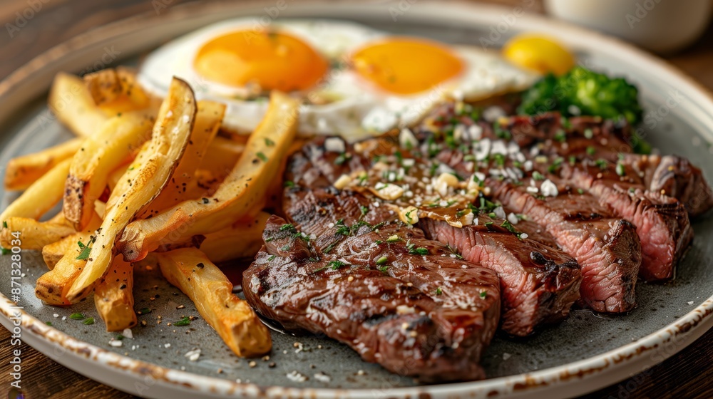 A plate of juicy medium rare steak with fried eggs and fries on the side A plate of juicy medium rare steak with fried eggs and fries on the side