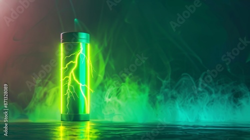 Futuristic glowing energy drink can with neon green lighting and electric effects on a dark, smoky background. Modern beverage advertisement.