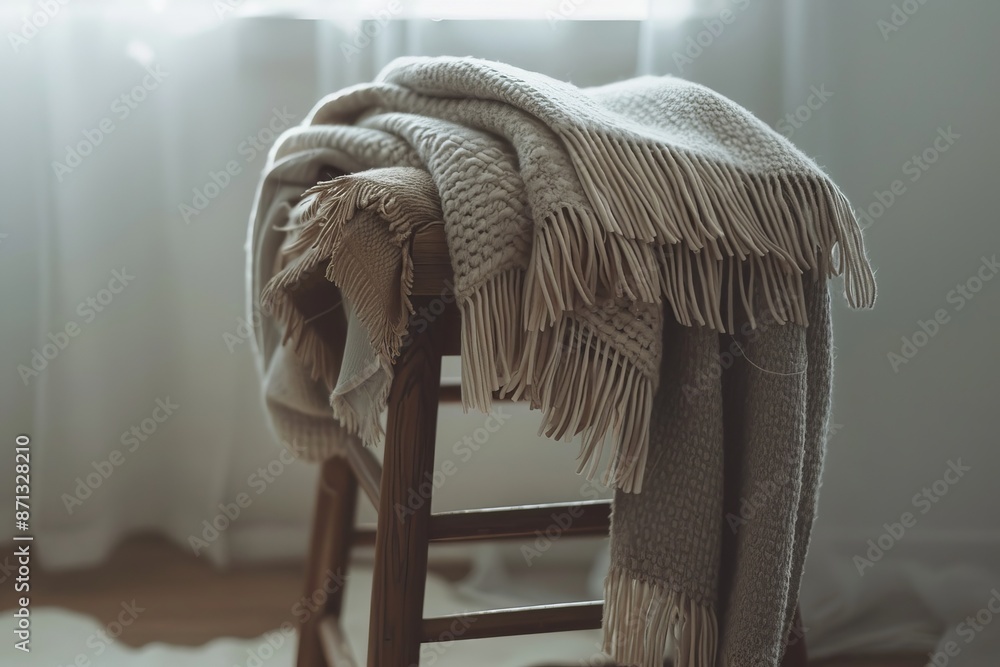 White knitted woolen plaid on a wooden chair in the room White knitted woolen plaid on a wooden chair in the room