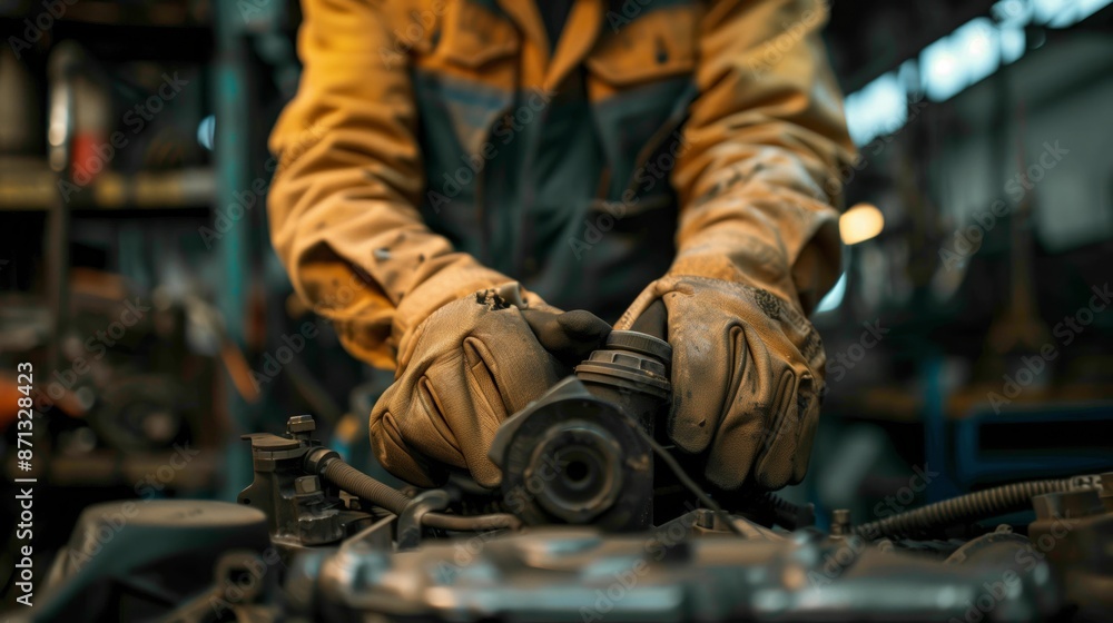 A mechanic wearing gloves is working on an engine in the garage, closeup of hands and worn leather work glove A mechanic wearing gloves is working on an engine in the garage, closeup of hands and worn leather work glove