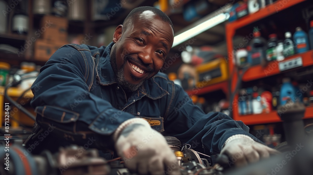 A photo of an African American mechanic working on the engine bay of his car A photo of an African American mechanic working on the engine bay of his car