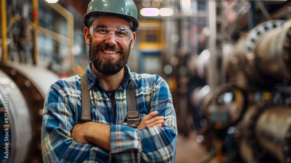 A portrait of a smiling male factory worker standing in workshop A portrait of a smiling male factory worker standing in workshop