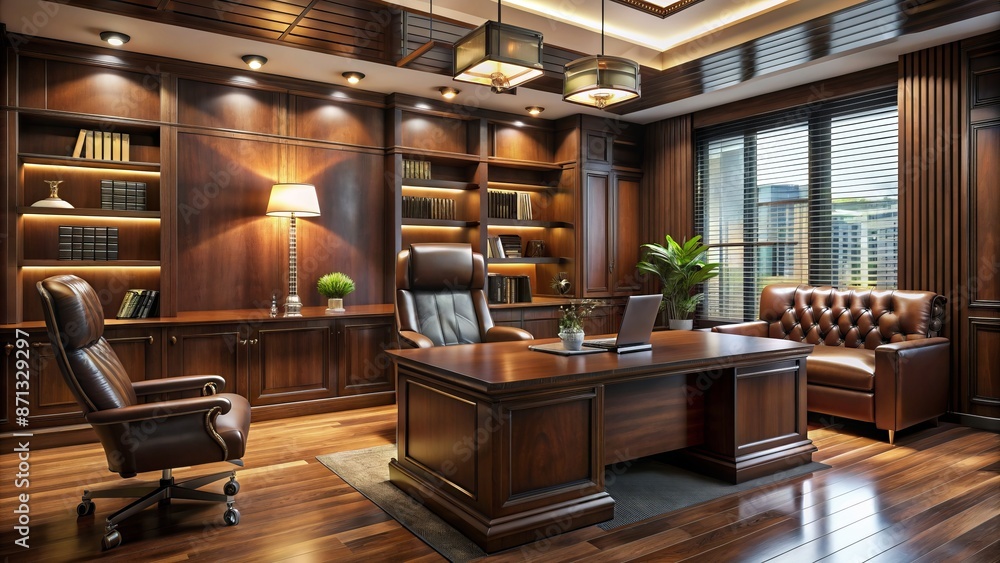 A dimly lit, luxurious, modern office interior with dark wood furniture, leather chairs, and a massive wooden desk dominating the room. A dimly lit, luxurious, modern office interior with dark wood furniture, leather chairs, and a massive wooden desk dominating the room.