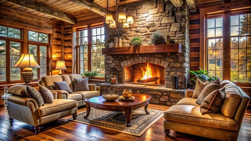 Cozy rustic living room scene featuring warm illuminated stone fireplace with crackling flames surrounded by comfortable furniture. © DigitalArt Max