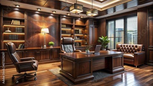A dimly lit, luxurious, modern office interior with dark wood furniture, leather chairs, and a massive wooden desk dominating the room.