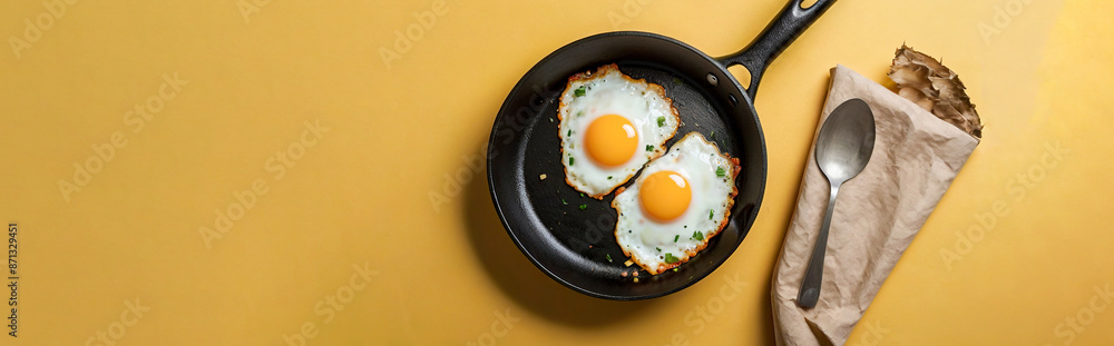 Fried egg in a frying pan on a yellow background, Top view of a fried egg on pan over yellow background, Design template for Poster, flyer, Web banner, Brochure, Card with copy space Fried egg in a frying pan on a yellow background, Top view of a fried egg on pan over yellow background, Design template for Poster, flyer, Web banner, Brochure, Card with copy space