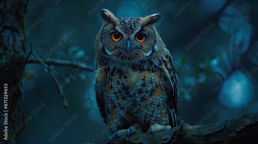 An owl perched on a tree branch, with a dark forest background and moonlight illuminating the scene An owl perched on a tree branch, with a dark forest background and moonlight illuminating the scene