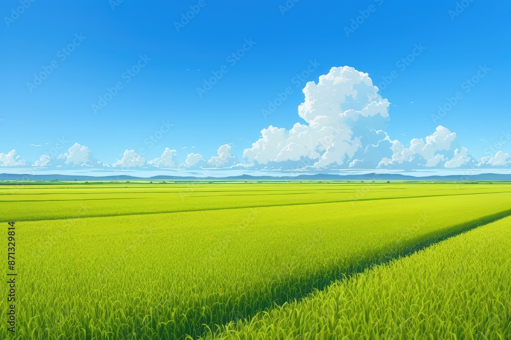 Fototapeta premium Tranquil Green Field Under a Blue Sky with Fluffy Clouds