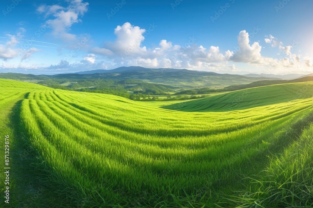 Rolling Hills of Lush Green Fields Under a Sunny Sky Rolling Hills of Lush Green Fields Under a Sunny Sky